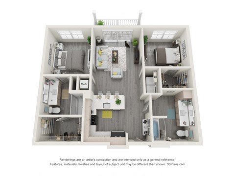 Floor plan for 2 beds, 2 baths, 1031 sqft